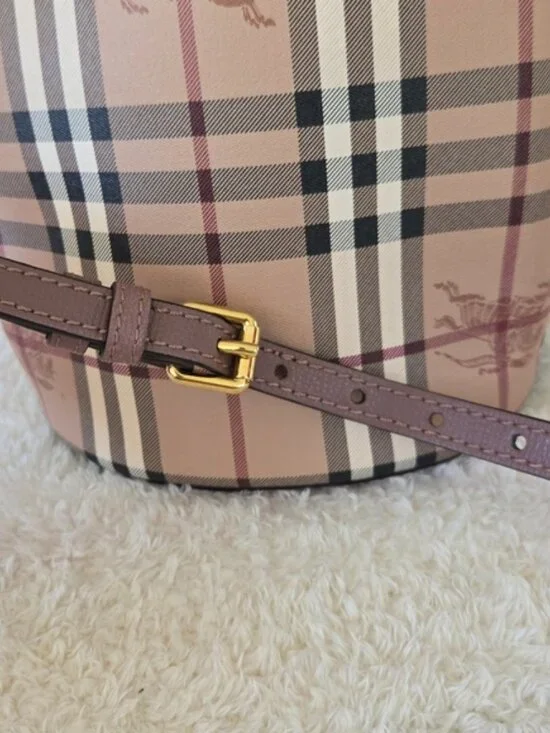 Burberry Haymarket Check Lorne Bucket Crossbody- Light Elderberry - Picture 5 of 11